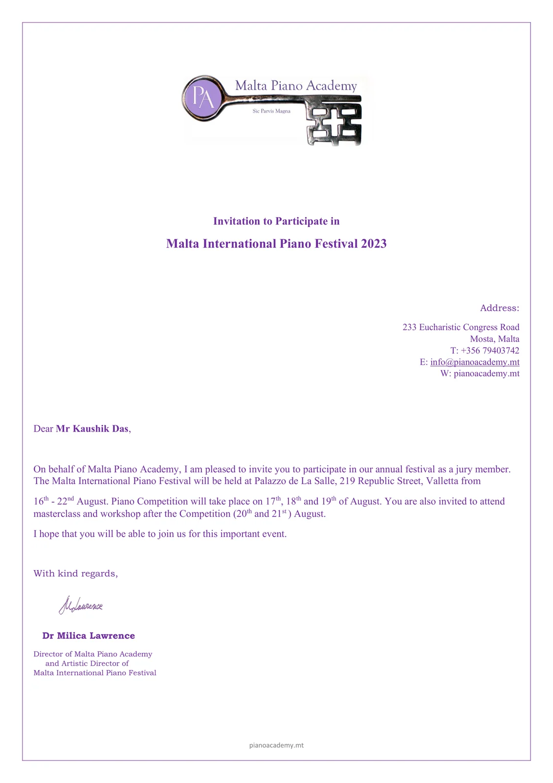 Letter from Malta Piano Academy inviting Kaushik Das to sit on the jury of the Malta International Piano Festival 2023